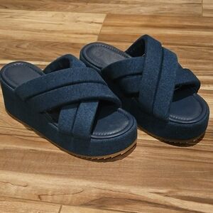 Chunky Denim Platform Slides
